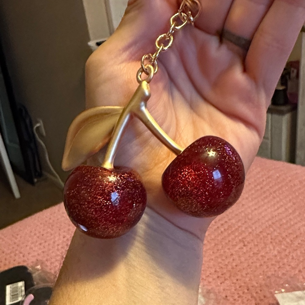 Keychain/Bag Charm Gold & Red Glitter Cherries.🍒